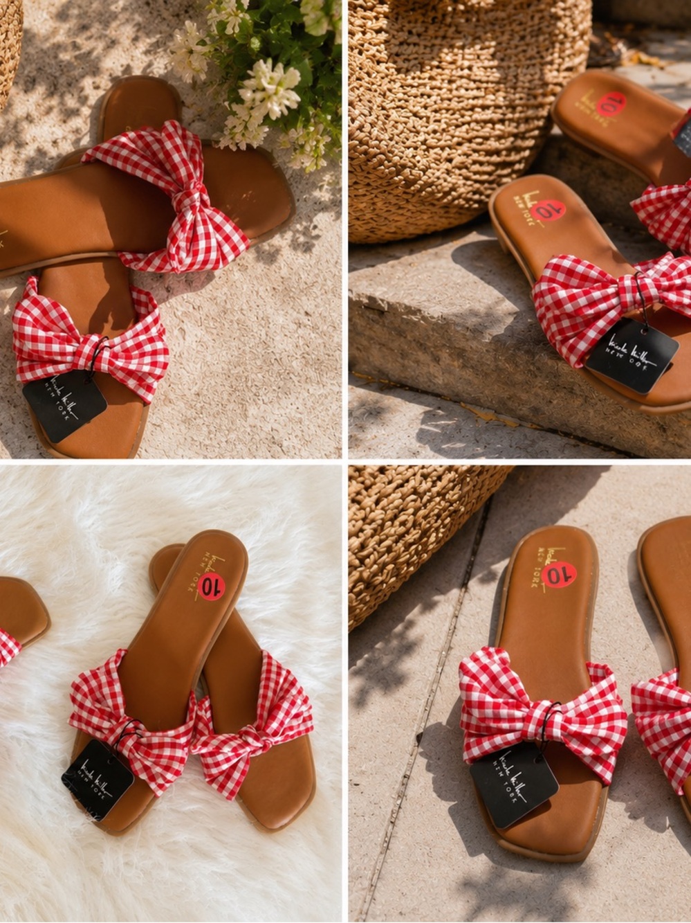 Nicole Miller Red Gingham Bow Slide Sandals